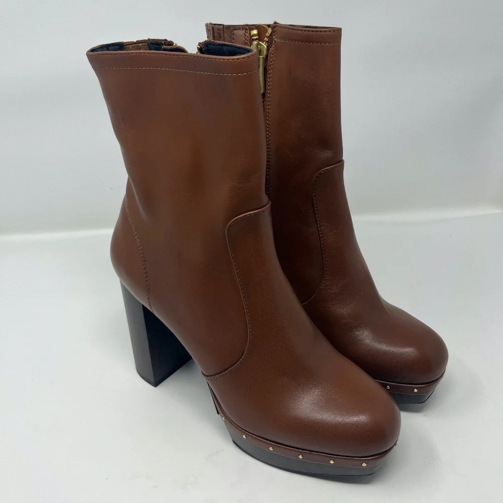 NWOT allsaints Thea Platform Zip Booties Boots Brown Studs Size 8 - Picture 1 of 7